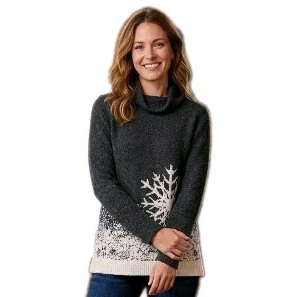 J. Jill Womens Gray White Intarsia Snowflake Funnel Neck Sweater Cozy Knit  PM